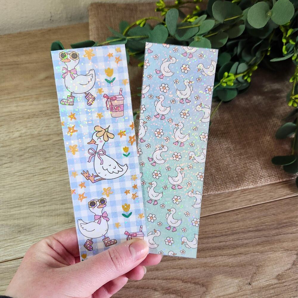 Holographic Sparkle Goose Duo Bookmark Set, Cute Animal Bookish Gift